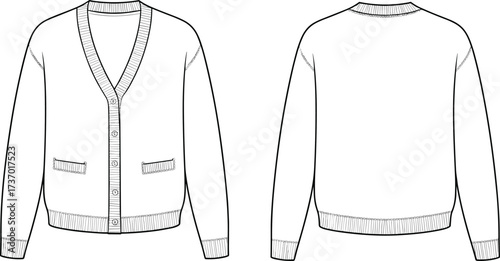 Flat vector cardigan sweater fashion design, front and back technical sketch, V neck button down, ribbed cuffs hem pockets illustration