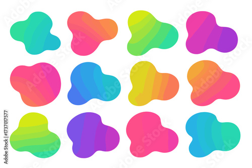 Random amoeba shapes set. Organic y2k neon color blobs of irregular soft shape. Abstract blotch and pebble silhouettes. Simple liquid amorphous gradient splodge forms vector.