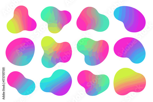 Set of random amoeba shapes. Organic y2k neon gradient color blobs of irregular soft form. Abstract liquid amorphous splodges and pebble silhouettes for modern design.