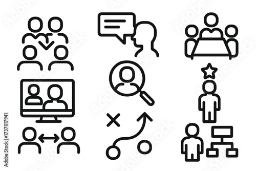 Business management line icon set. Vector symbols of teamwork, communication, meeting, online conference, recruitment, leadership, negotiation, and corporate strategy concepts.