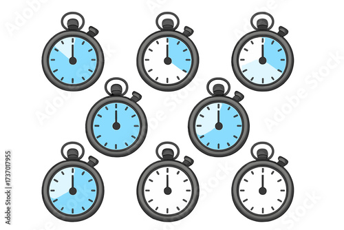 Timer and stopwatch icon set showing countdown stages. Chronometer symbol collection for time management, deadline concepts. Vector cartoon illustration isolated on transparent background.