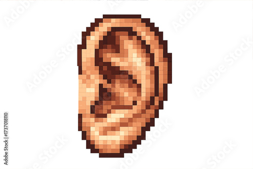 Pixel art ear vector illustration. 8-bit retro gaming style human body part icon. Concept of hearing, listening, and sound perception. Vintage mosaic anatomy graphic design element.