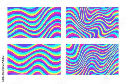 Neon psychedelic background set. Wavy striped pattern with distortion effect. Groovy 60s 70s retro style. Liquid flowing lines. Abstract vibrant colorful op art texture.