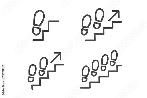 Steps icon set. Career ladder, business growth concept. Footprints walking up stairs. Metaphor for progress, achievement, ambition, development, success, reaching goals.