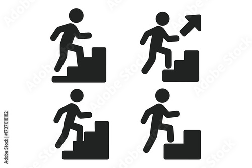 Man on stairs icon set for career growth and personal development. Step by step progress symbol. Business success, promotion, and ambition concept. Vector silhouette pictogram.