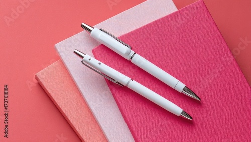 Two white pens rest atop a stack of three notebooks in varying shades of pink and coral