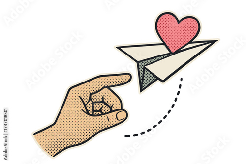 Sending love message. Hand pointing at paper airplane with heart icon. Online social media notification, like, or dating app concept. Retro vector in halftone pop art style.