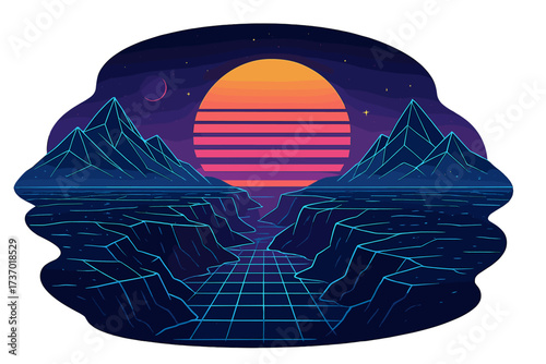 Synthwave 80s retro futuristic landscape. Vector background of a digital world with a neon grid, glowing mountains, striped sun, and arcade game virtual reality aesthetic.