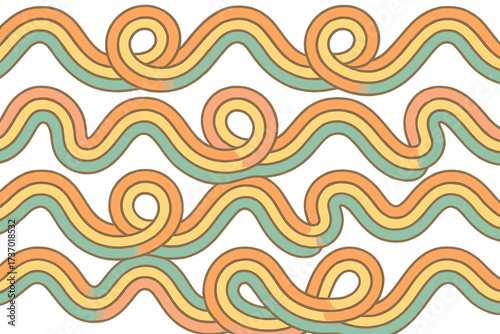 Retro 60s 70s groovy wavy background. Abstract vintage seamless pattern with pastel rainbow stripes. Psychedelic looped lines vector illustration for fabric or wallpaper.