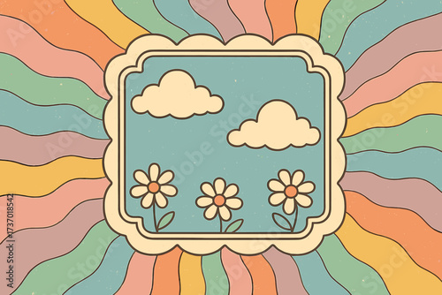 Groovy retro 70s background with psychedelic rainbow waves. Cute cartoon vector illustration with flowers, clouds, and sky in a vintage frame. Hippie aesthetic in pastel colors.