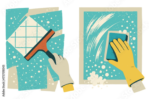 Spring cleaning halftone collage banners. Hand cleans tile with squeegee and window with sponge. Mixed media vector illustration of disinfecting cleanup and household chores.