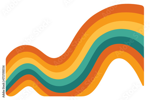 Retro 60s 70s style rainbow background with vintage bright summer color stripes. Groovy psychedelic wave illustration. Trendy hippie stripe print for cover or poster design.