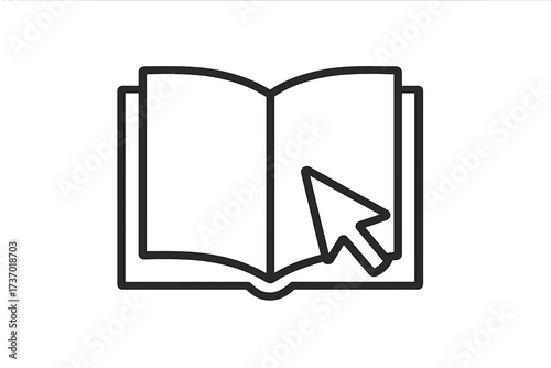 Ebook reader icon with book and mouse cursor arrow. Vector line illustration for digital library, online education, and e-learning applications. Concept for digital literature.
