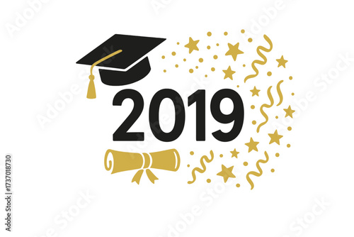 Class of 2019 graduation design. Congrats graduates. Vector illustration with cap, diploma. Academic celebration for party, prom night. University, college, high school.