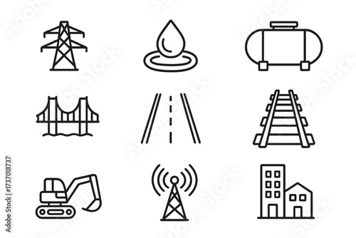 Infrastructure line icon set. Public services symbols for industry, transport, energy, communication, construction. Vector graphics of electricity, water, fuel, bridge, road, railway.