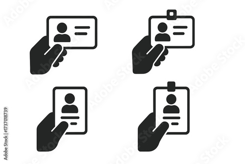 Hand holding ID card icon set. Identity verification, driver's license, security badge pictogram. Personal identification, access control, staff pass concept. Flat vector icons.