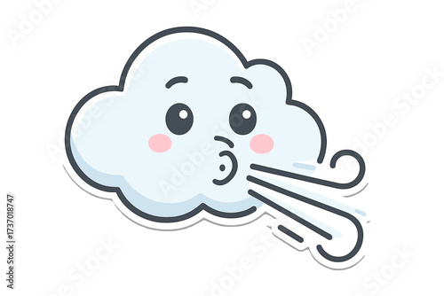 Cute cloud emoticon blowing wind. Kawaii cartoon character, weather mascot for windy forecast. Cool fresh air breeze emoji. Vector illustration sticker icon for climate concept.