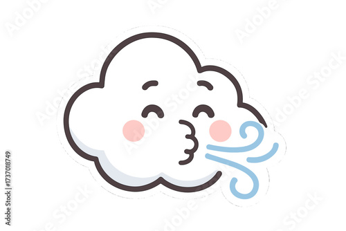 Cute cloud blowing wind. Kawaii weather emoticon vector. Windy day cartoon character. Fresh air breeze icon. Meteorology symbol sticker. Puffy mascot illustration concept.
