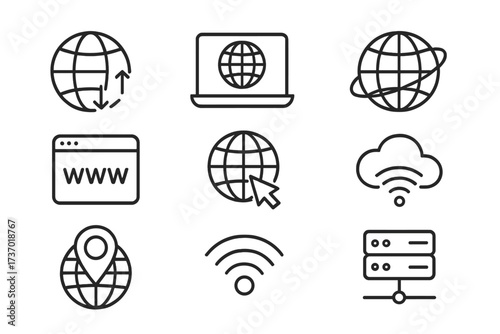 Internet web line icon set. Global network, communication, and technology. Vector collection of thin line icons for web design: globe, browser, wifi, cloud, server, data, www.