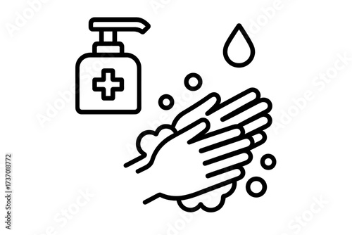 Hand washing icon for hygiene and virus prevention. Vector illustration of hands with soap, water, and sanitizer. Disinfection and antibacterial concept for health care.