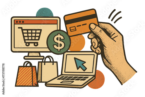 Online shopping retro collage. E-commerce concept in vintage 80s 90s style. Hand holds credit card for payment. Digital purchase, consumerism vector illustration with halftone.