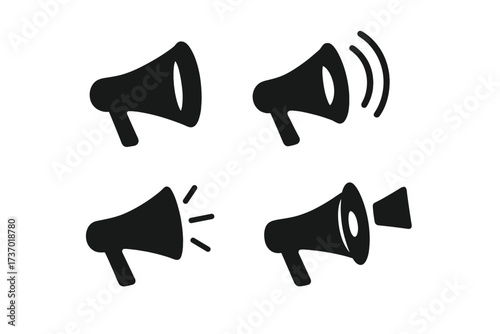 Megaphone icon set for announcements. Loudspeaker symbol collection. Bullhorn for promotion, marketing, and alerts. Communication and propaganda vector graphic illustration.