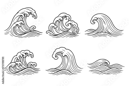 Set of Japanese style ocean waves. Traditional oriental water ornament. Ukiyo-e sea wave line art collection. Hand drawn vintage graphic element for tattoo or surfing design.