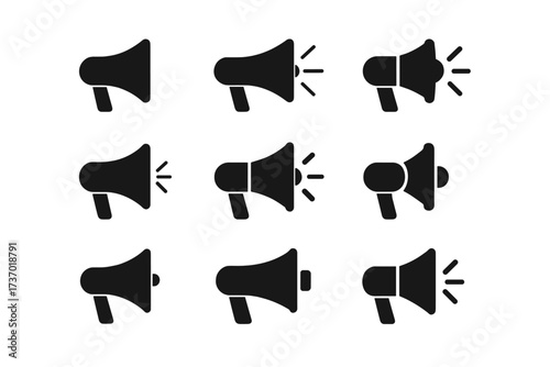 Megaphone icon set vector collection. Bullhorn silhouette symbol for announcement, marketing, and communication. Loud speaker sign for alert, news, and advertising concept.