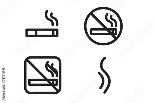 Smoking and no smoking icon set vector collection. Cigarette symbol, prohibition sign, smoke pictogram. Health warning for public area. Tobacco and nicotine addiction concept.