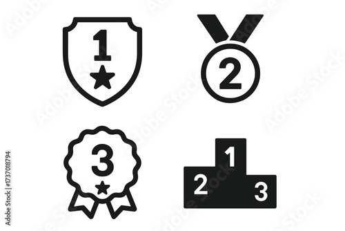 Award ranking icon set. First, second, and third place symbols. Winner podium, medal, shield, and prize ribbon icons. Competition achievement and success vector collection.
