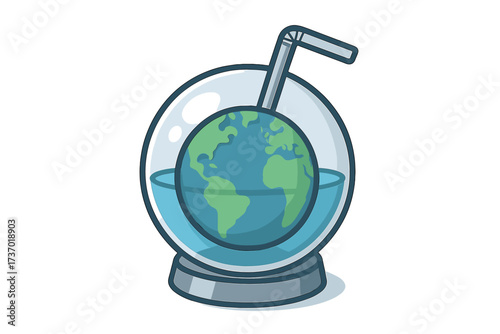 Earth Day environmental concept illustration. Planet resource depletion metaphor. Globe in glass with drinking straw. Water scarcity, climate change crisis, sustainability vector.