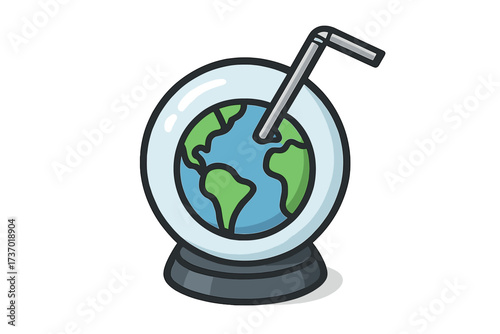 Consuming Earth's resources concept. Planet as a drink metaphor. Environmental exploitation, pollution. Climate change, global warming. Fragile world, sustainability issue.