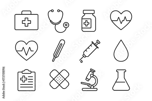 Medical and healthcare line icon set. Medicine, hospital, and laboratory symbols. First aid, stethoscope, cardiogram, syringe, microscope, blood test vector icons for web and app.