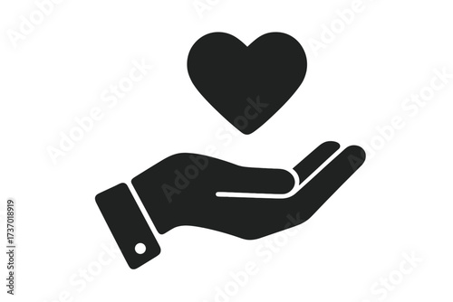 Hand giving heart icon. Symbol of love, care and kindness. Vector logo for charity, donation, help and volunteering. Health care and philanthropy concept. Flat glyph pictogram.