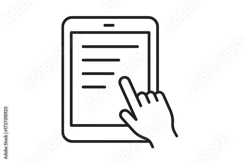 Hand clicking on portable tablet device. Finger tapping screen with text list. Modern vector line icon illustration for app UI, e-learning, online menu, and information media.