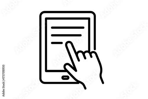 Hand clicking portable tablet device. Finger touching screen. Online education, e-learning, digital library, ebook reading. Modern thin line vector icon for app & web.