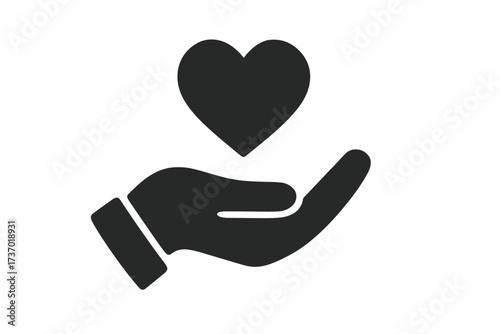 Hand holding heart icon symbolizing love, donation, and charity. Vector glyph for concepts like help, support, kindness, and volunteering. Health care and philanthropy symbol.