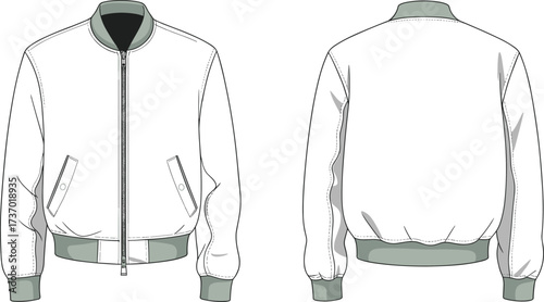 Flat vector fashion illustration of white bomber jacket front and back view, ribbed collar cuffs waistband, casual streetwear apparel design