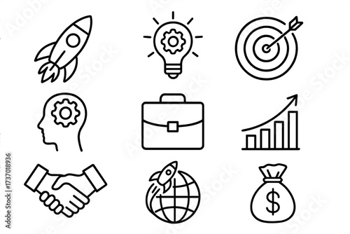 Business startup and development line icon set. Vector symbols of growth, innovation, and success. New project concepts. Rocket launch, idea lightbulb, target, and goal.