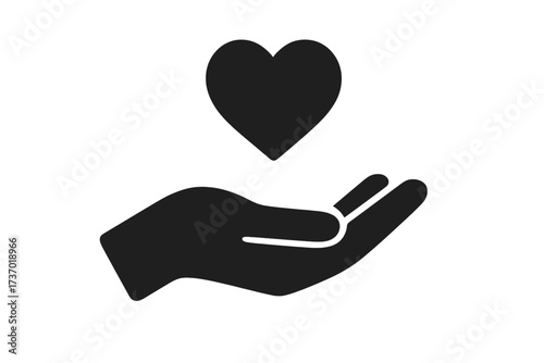 Hand offering a heart icon vector flat glyph illustration. Symbolizes donation, help, charity, philanthropy, love, passion, kindness, peace, support, care and volunteering.