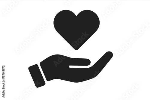 Hand offering heart icon. Vector flat glyph illustration for donation, help, charity, philanthropy, love, passion, kindness, and peace. Symbol of support, hope, and care.
