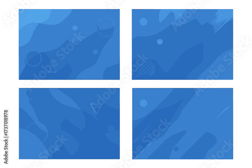 Set of four abstract blue backgrounds with fluid wave shapes and geometric elements. Modern vector graphic for website banner, presentation wallpaper, or futuristic poster design.