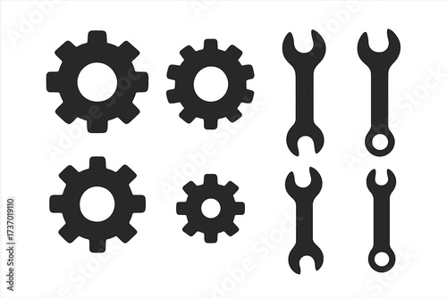 Gear and wrench icon set. Simple flat vector illustration for settings, configuration, repair, and maintenance. Mechanical engineering and industrial service symbol collection.