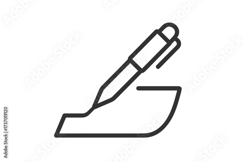 Pen writing on paper line icon. Signature, signing a document, contract symbol. Vector for edit, write, note, message. Author, blogger, journalist symbol. Minimalist pictogram.