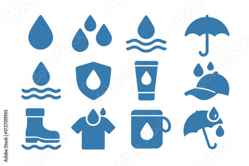 Waterproof icon set. Water repellent and resistant symbols collection. Rain protection gear pictograms. Vector graphics for weatherproof fabric, hydrophobic coating, and liquid proof items.