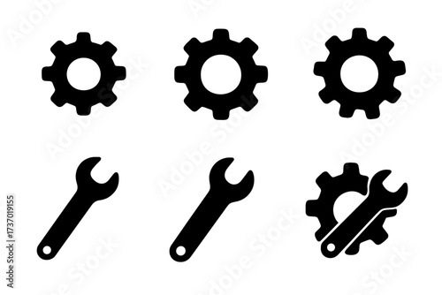 Gear and wrench icon set. Vector silhouette symbols for settings, configuration, and options. Mechanical tools for repair, service, or maintenance. Industrial engineering concept.