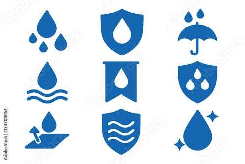 Vector icon set of waterproof, water resistant, and protection symbols. Includes rain, drop, shield, and repellent icons for fabric, materials, and surfaces. Weatherproof.