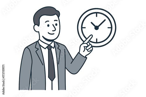 Businessman pointing at clock icon for time management. Vector concept for business deadlines, schedule, punctuality, appointment, and meeting. Efficiency and planning goals.
