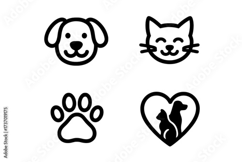 Pet logo icon set with dog and cat heads, paw print, and heart symbol. Vector graphic collection for veterinary clinic, pet shop, or animal care branding. Love pets concept.