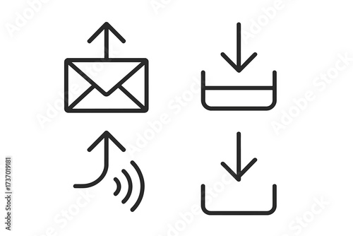 Vector icon set of upload, download, send and share symbols. Linear pictograms for data transfer, email, and file sharing. Essential web and app UI UX interface elements.